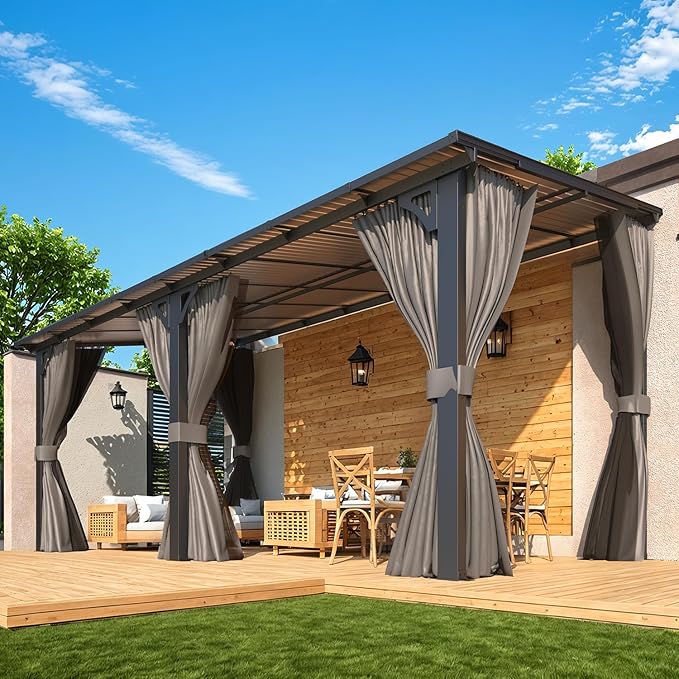 AECOJOY 16' x 8' Gazebo Outdoor Pergola with Curtains and Netting, 8'x16’ Hard Top Lean to Pergolas and Gazebos Clearance with Patio Roof Shelter, Large Wall-Mounted Heavy Duty Metal Awnings for Patio