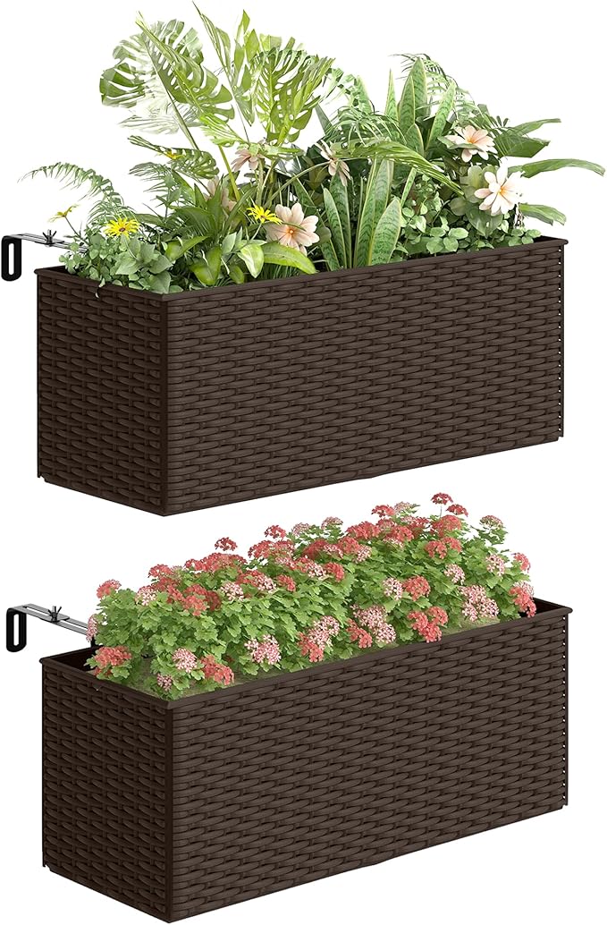 Outsunny Railing Planter Box (2 Pack, 20 Inch), Hanging Flower Pots with Hooks, Drainage Holes for Fence, Balcony, Garden, Patio, Rattan Look, Brown