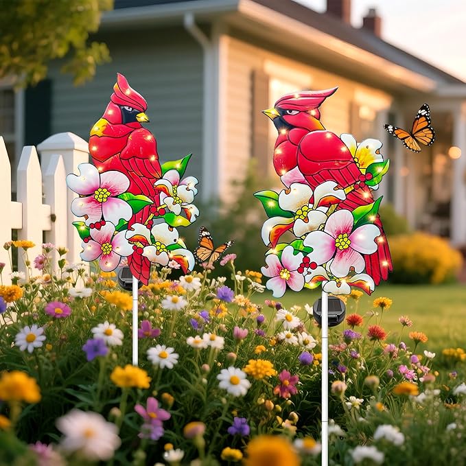 Hexagram Cardinal Garden Decor Yard Stakes, Lighted Metal Red Bird Garden Stakes Set of 2, Cardinal Solar Lights Outdoor Decor, Red Bird Yard Signs for Outside Pathway Lawn Porch Patio