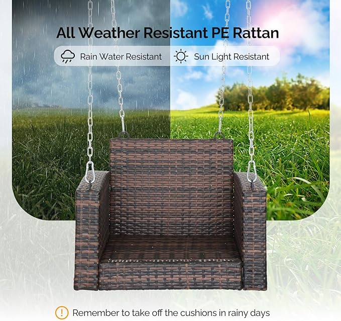 Outvita Porch Swing, 2FT Hanging Outdoor Porch Swings for Adults, Square Wicker 1 Person Patio Swing, with Cushion, Pillow and Chain for Garden, Backyard, Weight Capacity - 440lbs Brown & Khaki