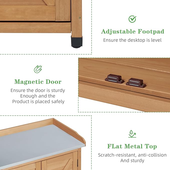 Outdoor Potting Bench with Storage Cabinet and Metal Top, Wood Workstation for Outdoor Patio, Garden (Light Brown, 31.5x17x39‘’)
