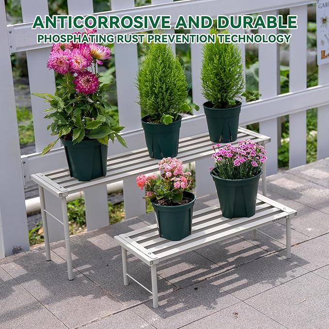 Metal Plant Stand, Rust-proof Aluminum Flower Pot Stand, Heavy Duty Planter Display Shelving for Patio Balcony Garden Living Room Decorative (White, 35.4 Inch)
