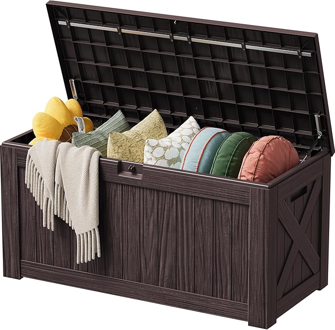 Devoko 125 Gallon Outdoor Storage Box, Waterproof Resin Deck Box for Patio Furniture, Lockable Container for Garden Cushions & Pool Supplies (Brown, 125 Gallon)