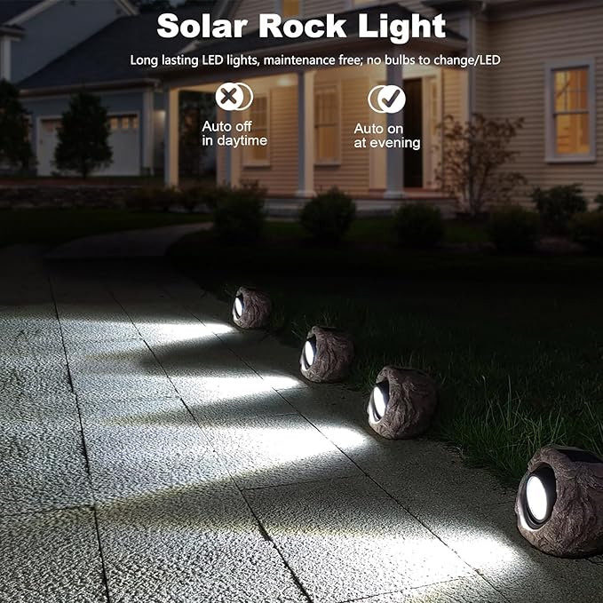 Outdoor Solar Rock Light - 4 Pack, Fake Rock IP65 Waterproof LED Super Bright Spotlight for Deck, Staircase, Woods Garden, Walkway, Patio Pond Garden Decorative Nighttime Landscape Filler Lights