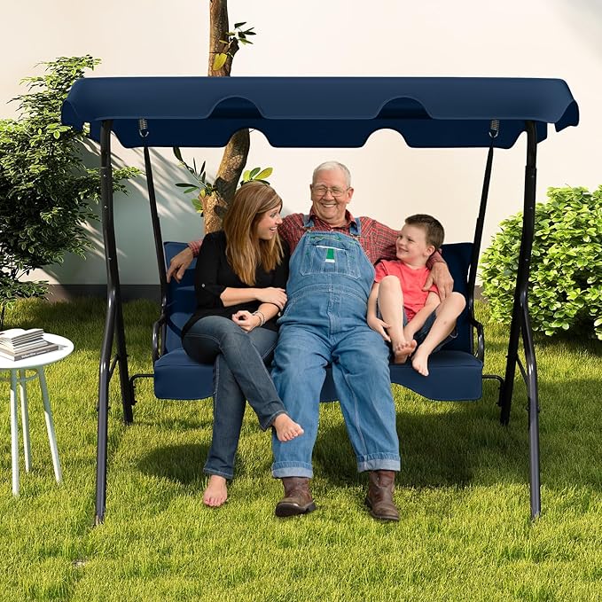 Tangkula 3 Person Porch Swing, Patio with Removable Cushion & Powder-Coated Steel Frame, Outdoor Swing with Canopy for Porch, Backyard, Garden, Balcony(Navy)