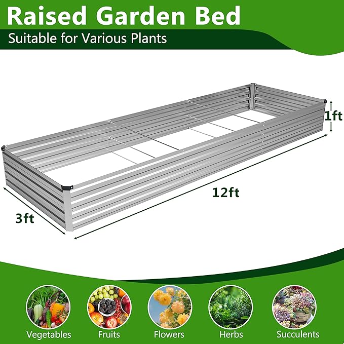 2PCS 12x3x1ft Galvanized Raised Garden Bed Kit,Metal Planter Box for Vegetables,Flowers,Herbs Durable Rust-Resistant Patio Gardening Beds,Silver