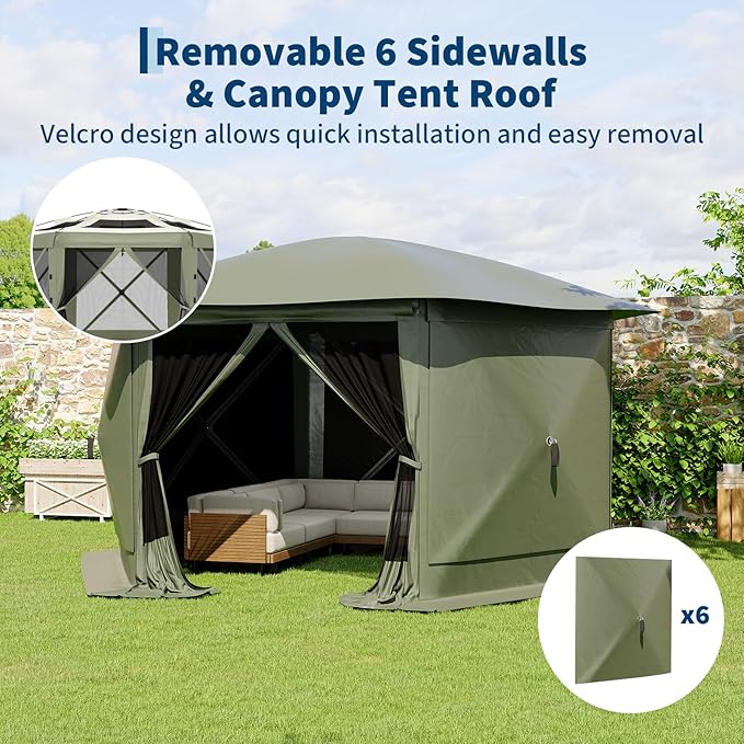13x13FT 6-Sided Pop Up Gazebo Tent，One-Push Setup Canopy Tent with Removable Canopy Top & Wind Cloths, Outdoor shelter for Camping, Backyard Parties, Outdoor Events - Army Green