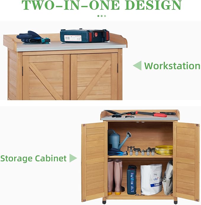 Outdoor Potting Bench with Storage Cabinet and Metal Top, Wood Workstation for Outdoor Patio, Garden (Light Brown, 31.5x17x39‘’)