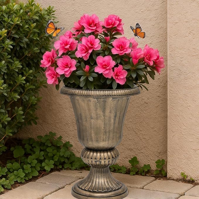 Magshion 20" Urn Planters for Outdoor Plants, Large Decorative Front Porch Planters Set of 2, Weatherproof Tall Plastic Flower Pots for Garden, Patio & Entryway Décor, Antique Brass
