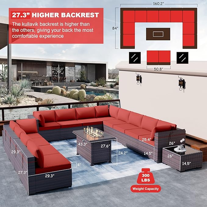 Kullavik 15 Pieces Outdoor Patio Furniture Set with 43" 55000BTU Gas Propane Fire Pit Table PE Wicker Rattan Sectional Sofa Patio Conversation Sets,Red