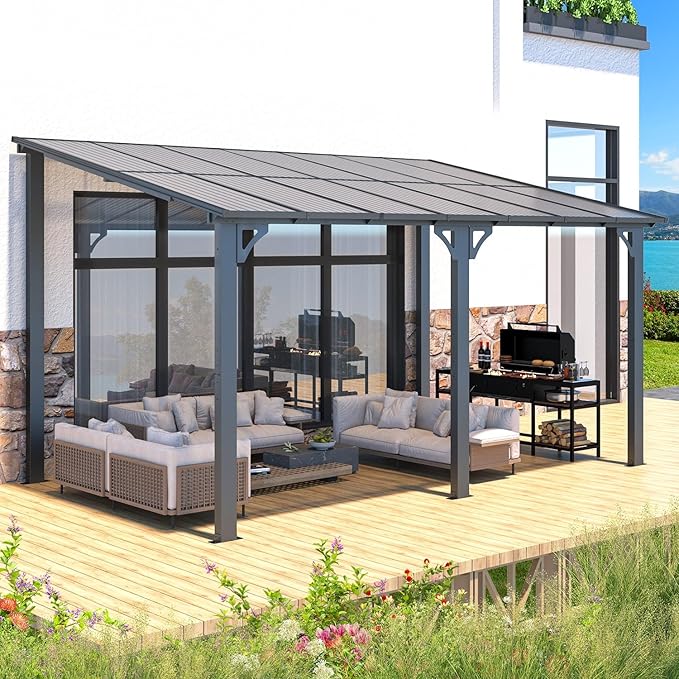 AECOJOY 14' x 8' Gazebo Outdoor Pergola for Patio, 8x14 Hard Top Lean to Gazebo Shelter Pergolas and Gazebos Clearance with Patio Roof, Large Wall-Mounted Heavy Duty Awnings for Decks, Backyard