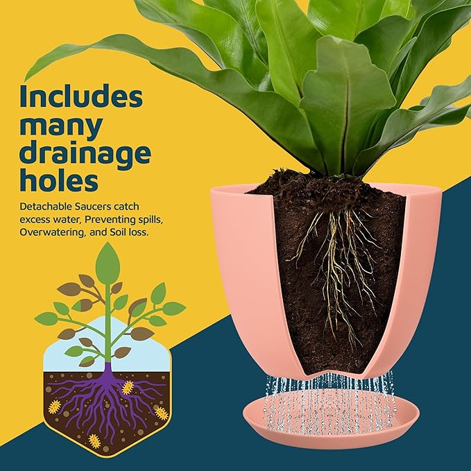 Pink Plant Pots with Drainage Holes & Saucers 15 Pack, Indoor & Outdoor Stackable Space-Saving Planters for Houseplants & Flowers, (7", 6.7", 6", 5.3", and 4.8" Inches), Durable & Weatherproof