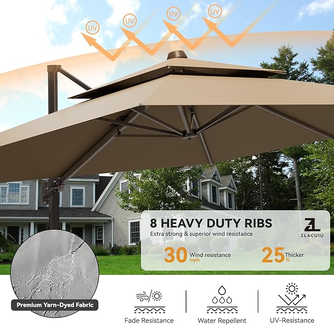 9x12FT Brown Cantilever Outdoor Patio Umbrella with Base, Large Rectangular Offset Design, Double Top Heavy Duty Aluminum Frame & 360° Rotation for Pool Garden Deck Backyard