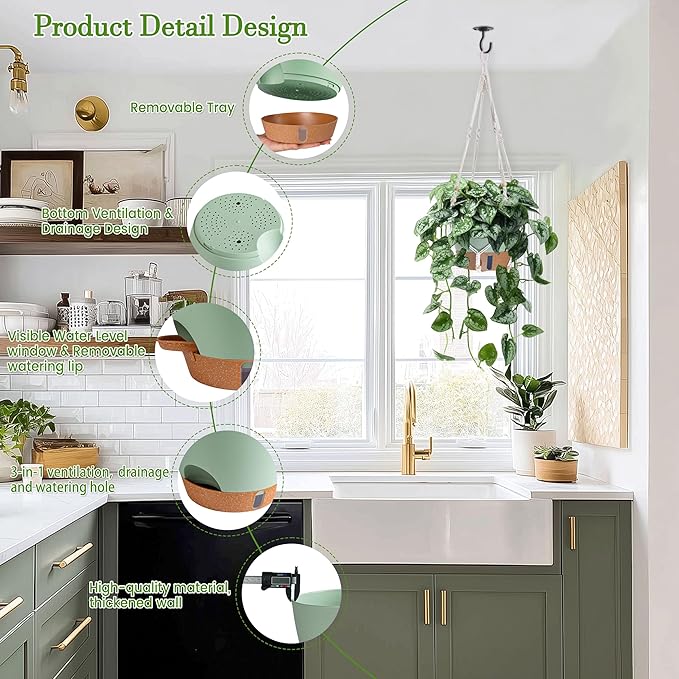 10 Inch Hanging Planters for Indoor Plants, 2 Pack Self Watering Hanging Baskets Flower Pots with Drainage Hole, Visual Reservoir & 2 Kinds of Plant Hanger for Home Decor