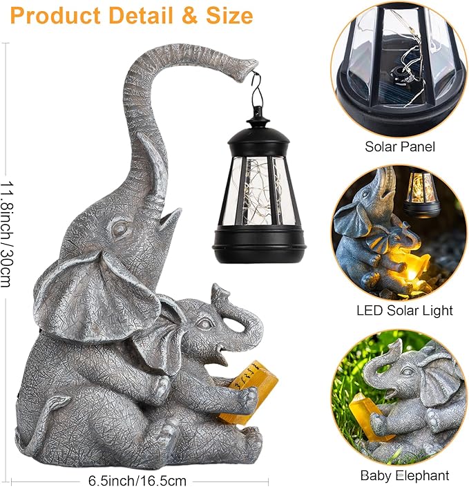 Solar Garden Statue Lights Loving Elephants Figurine with Solar Lantern, Outdoor Yard Decorations for Patio Porch Home, Housewarming Elephant Gifts for Mom, Women