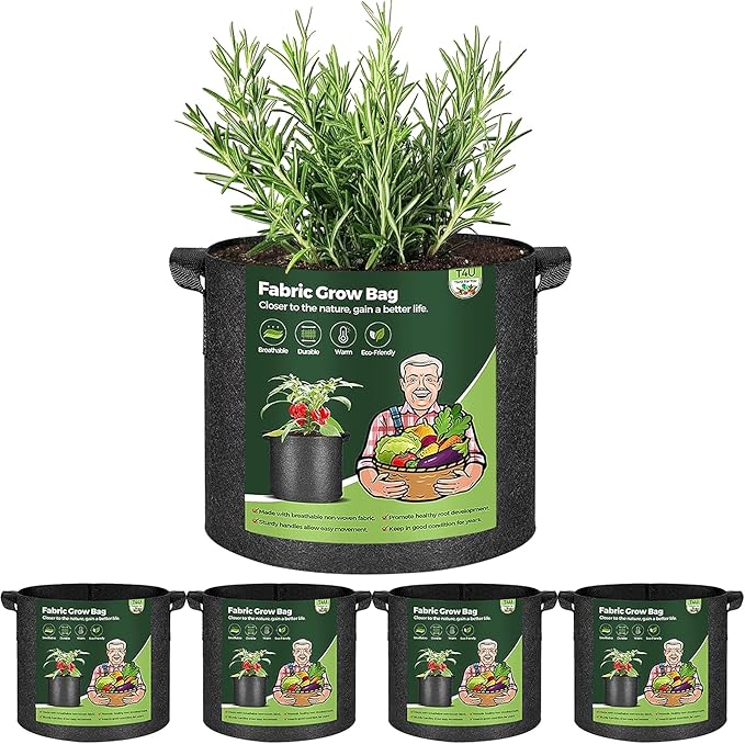 T4U 5 Gallon Grow Bags, Upgrade Grow Bags with Handles, Heavy Duty Thickened Nonwoven Fabric Pots, 5 Gallon Pots for Plants, Strawberry, Cherry Tomatoes (5 Pack)