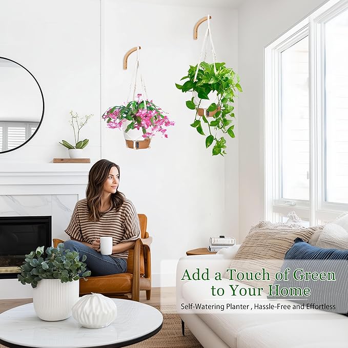 10 Inch Hanging Planters for Indoor Plants, 2 Pack Self Watering Hanging Baskets Flower Pots with Drainage Hole, Visual Reservoir & 2 Kinds of Plant Hanger for Outdoor Garden Home Decor (White)