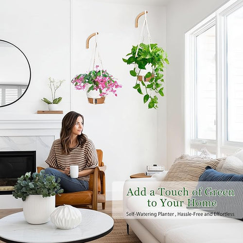 10 Inch Hanging Planters for Indoor Plants, 2 Pack Self Watering Hanging Baskets Flower Pots with Drainage Hole, Visual Reservoir & 2 Kinds of Plant Hanger for Outdoor Garden Home Decor (White)