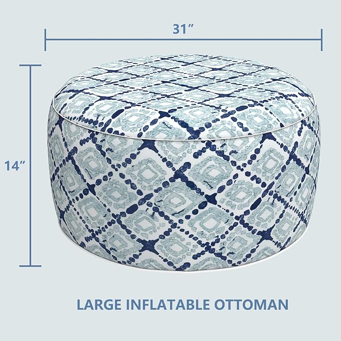 LVTXIII Outdoor Inflatable Ottoman, Fade-Resistant Round Footrest Stool D31”x H14”, Portable Patio Pouf for Garden Camping or Home Use, Boho Geometry Blue