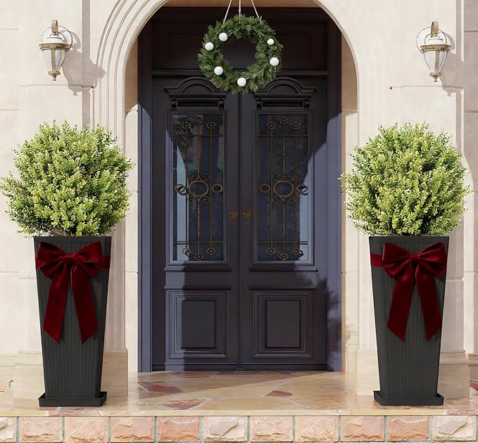 Tall Planters for Outdoor Plants Set of 2, 23.6" Large Taper Flower Plant Pots with Drainage Hole and Drainage Trays, Weather-Resistant Plastic planters for Patio, Porch, Garden, Black
