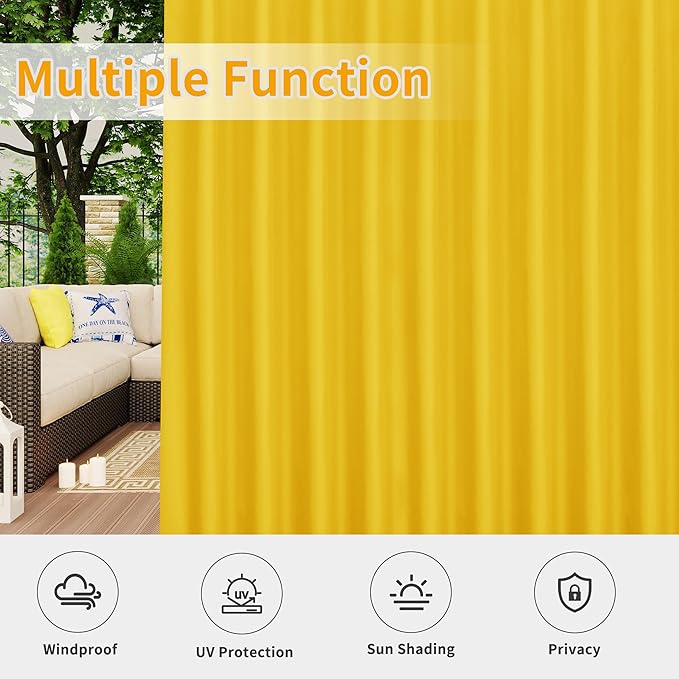 Easy-Going Outdoor Patio Curtains Detachable Tab Top Windproof Weatherproof Curtain for Cabana, Porch, Pergola and Gazebo, Tab Bottom Drape, 2 Panels, 110W x 108L inch, Yellow