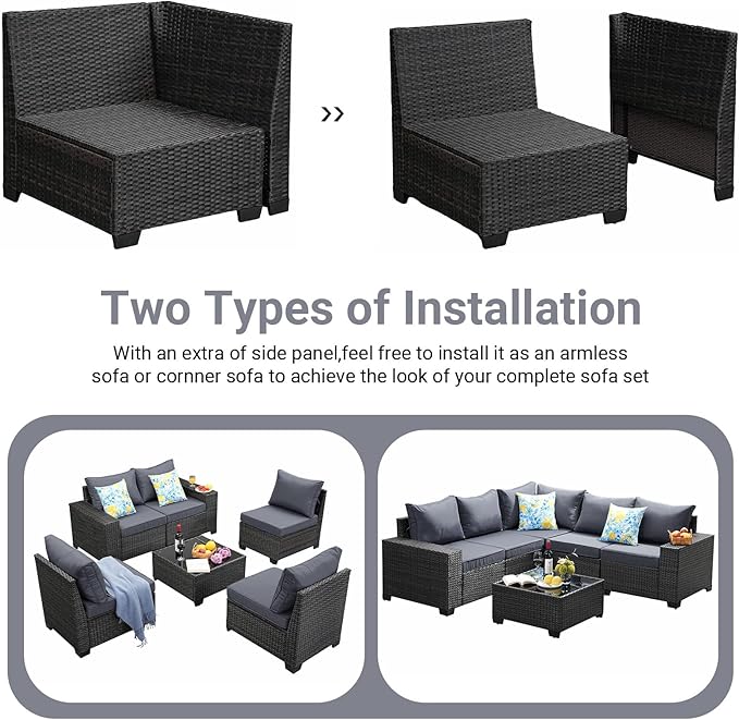 Jing's Villa 8-Piece Patio Furniture Set, All-Weather Outdoor Wicker Sectional Sofa with Cushions, Glass Table & Left and Right Armrest, Rattan Conversation Seating for Porch, Garden, Backyard,Grey
