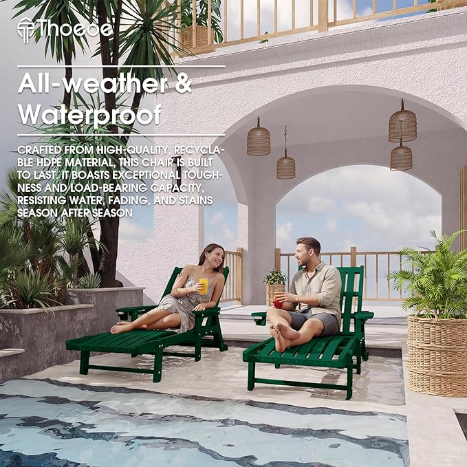 Patio Chaise Lounge Chair Set of 2, Oversized Lounge Chair Outdoor with 5 Positions, HDPE, Patio Lounge Chair with Wheels & Cup Holder for Pool, Deck, Poolside,Green