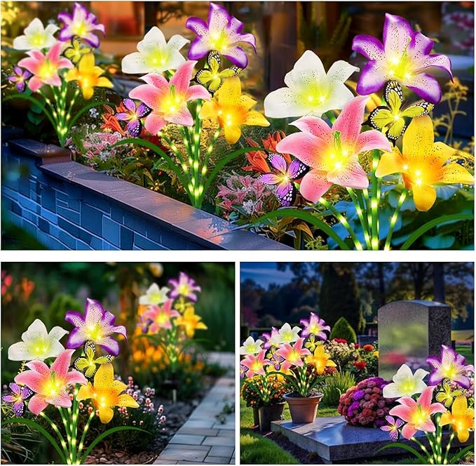 6 Pack Solar Garden Lights LED Solar Lilies Flower Lights, Yard Patio Pathway Decoration High Flexibility Copper Wire Handmade Silk Artificial Flowers Never Wither, Gift for Family, Friends