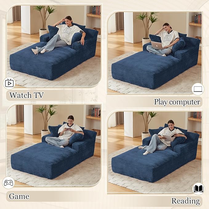 80 Inch Chaise Lounge Chair Indoor, Oversized Corduroy Upholstered Boneless Sofa Bed, Deep Seat Sleeper Couch Reading Chairs, Cloud Sofas Couches for Living Room, No Assembly Required (Blue)