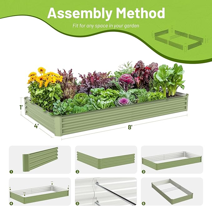 2PCS 8x4x1FT Galvanized Raised Garden Bed, Galvanized Planter Raised Garden Boxes Outdoor, Large Metal Raised Garden Beds for Vegetables-Green