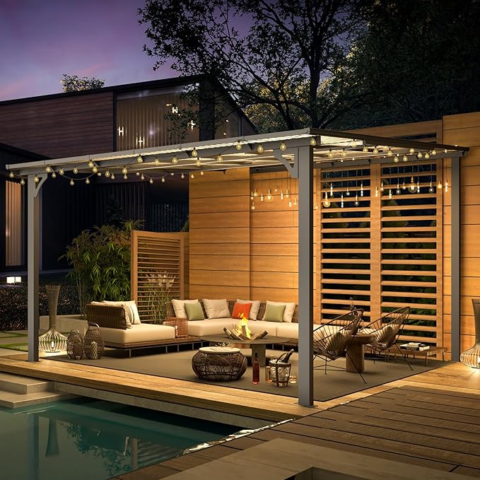 AECOJOY 12' x 12' Gazebo Outdoor Pergola for Patio, Large Wall-Mounted Hard Top Lean to Metal Gazebo Shelter Pergolas and Gazebos Clearance with Patio Roof, Heavy Duty Awnings for Backyard, Decks