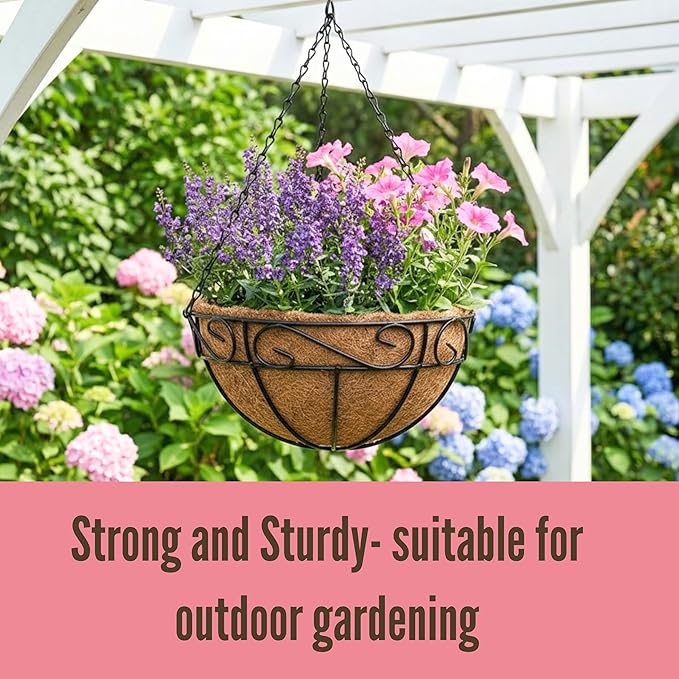 LaLaGreen Hanging Planter For Outdoor (20 Inch, 4 Pack) Extra Large Black Metal Wire Hanging Plant Planter with Coco Liner Round Garden Balcony Country Decor Flower Pot Holder Hanger Deck Porch Modern