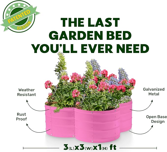 Plant & Plot Galvanized Raised Garden Beds Outdoor // 3×3×1 ft Planter Raised Beds for Gardening, Vegetables, Flowers // Large Metal Garden Box (Pink) // Patented Tool-Free Design