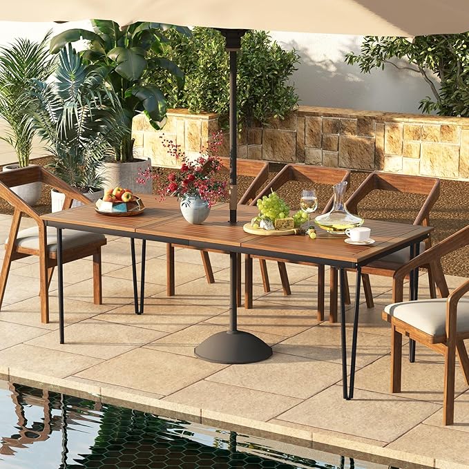 Tangkula 79 Inch Outdoor Dining Table for 8, Acacia Wood 8-Person Patio Table with 1.9 Inch Umbrella Hole, Metal Legs & Adjustable Foot Pads, Rectangular Outside Table for Garden, Poolside & Backyard