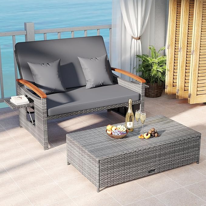 Tangkula Patio Rattan Daybed with 4-Level Adjustable Backrest, Outdoor Wicker Loveseat with Acacia Wood Armrest, Storage Ottoman & Folding Tray, Double Sunbed for Balcony, Backyard & Poolside (Grey)