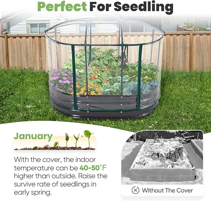 KING BIRD Raised Garden Bed with Cover Galvanized Oval Planter Garden Box Outdoor for Gardening, Vegetables, Flowers 47.2x35.4x11.8 in, Clear