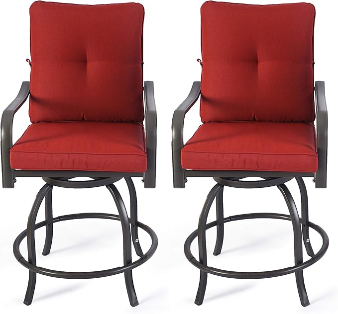 Kozyard Isabella Outdoor Swivel Bar Chairs, Counter Height Patio Bar Stools Set of 2 with Cushioned Seats, All-Weather Metal Bistro Chairs for Backyard Dining (Burgundy, with Cushion)
