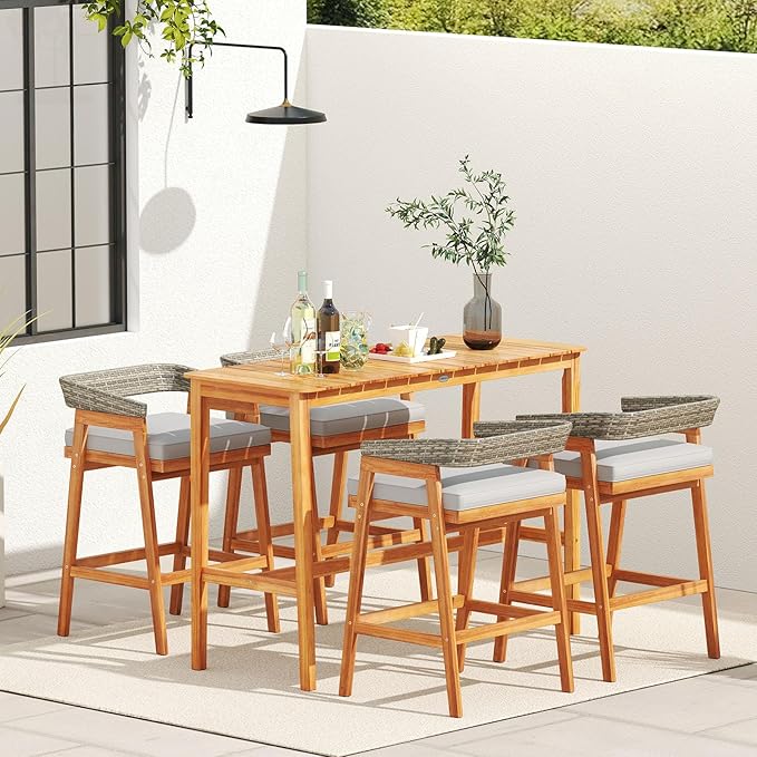 Tangkula 3 Piece Patio Bar Set, Outdoor Acacia Wood Counter Height Table with 2 Cushioned Barstools with Curved Rattan Back and Footrest, for Backyard, Poolside, Balcony