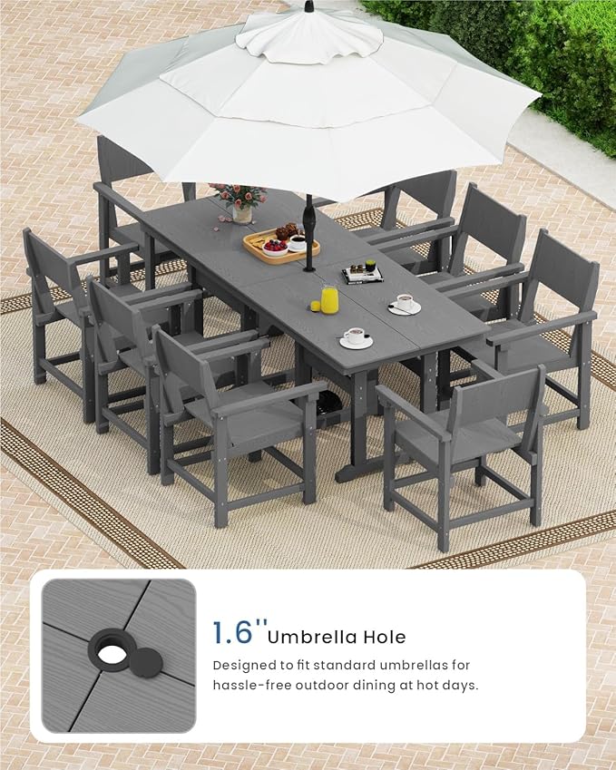 9-Piece Outdoor Dining Set, HDPE Weatherproof Patio Table and Chairs Set for 8, Outdoor Patio Furniture Sets with Umbrella Hole for Outside, Deck, Backyard, Garden (Grey)