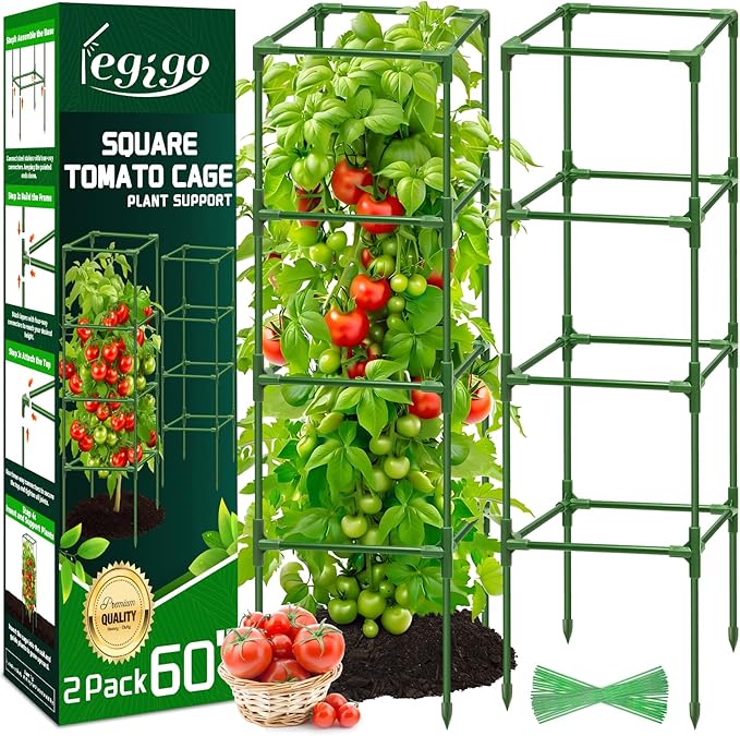 Legigo 2 Pack Square Tomato Cages for Garden- Up to 60 Inch Tomato Plant Support Stakes Cage, Heavy Duty Steel Tomato Trellis Garden Stakes for Raised Garden Bed Climbing Vegetables Cucumbers Flowers