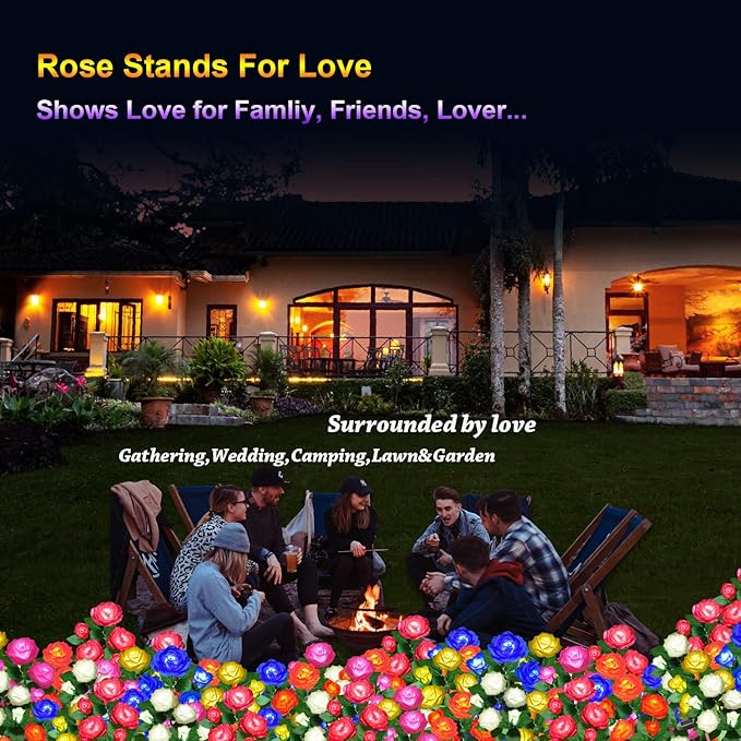 Solar Flower Lights Outdoor - Upgraded Realistic LED Solar Powered Waterproof Lights with 5 Roses, Solar Decorative Stake Light for Garden (Blue, 2 Pack)