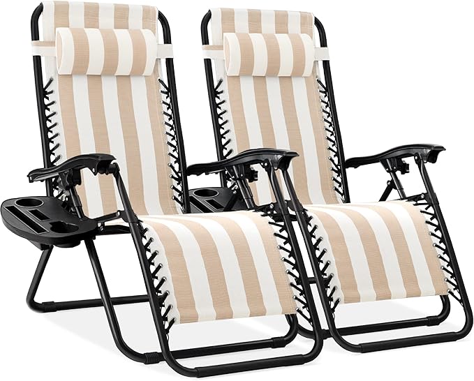 Best Choice Products Set of 2 Adjustable Steel Mesh Zero Gravity Lounge Chair Recliners w/Pillows and Cup Holder Trays - Tan Striped