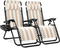 Best Choice Products Set of 2 Adjustable Steel Mesh Zero Gravity Lounge Chair Recliners w/Pillows and Cup Holder Trays - Tan Striped