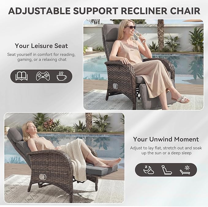 3 Pieces Zero Gravity Wicker Patio Recliner Chairs Set of 2 - Wicker Outdoor Lounge Chair with Side Table, Adjustable Backrest & Footrest, High Back Outdoor Recliner Chair for Pool Deck Gray