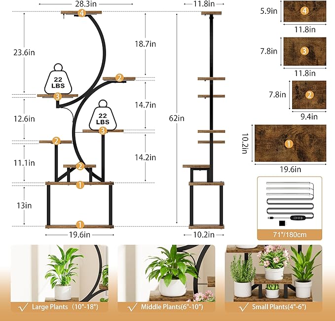 Plant Stand Indoor with Grow Lights - 62" Tall Plant Shelf, Lighted Corner Plant Stands for Indoor Growing, 8 Tiered Large Flower Holder, S-Shaped Decorative Rack for Living Room, Patent Design, Brown