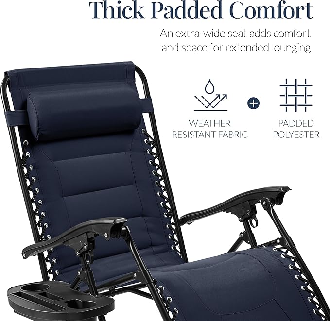 Best Choice Products Oversized Padded Zero Gravity Chair, Folding Outdoor Patio Recliner, XL Anti Gravity Lounger for Backyard w/Headrest, Cup Holder, Side Tray, Polyester Mesh - Navy Blue
