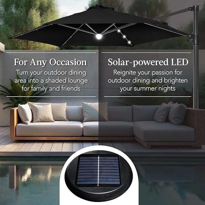 Best Choice Products 10ft Solar LED Offset Cantilever Hanging Market Patio Umbrella, Smooth 360° Rotation, 8 Sturdy Ribs, Easy Adjustment - Black