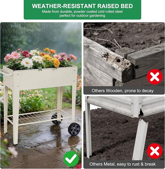 Elevated 32" Tall Raised Garden Bed with Legs and Wheels for Mobility, Metal Planter Boxes Outdoor with Shelf, Raised Bed for Gardening Vegetables/Herbs, Backyard, Patio, Balcony, White