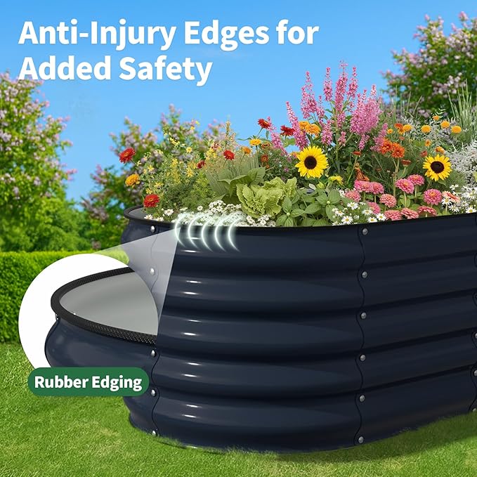 Kesfitt Raised Garden Bed, Metal Galvanized Steel Oval Garden Bed 8x2x1.5 ft with 18-Inch Deep Open-Bottom Design for Outdoor Vegetable Gardening, Midnight Blue