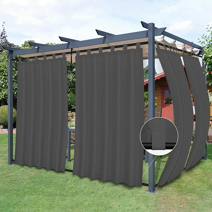 Easy-Going Outdoor Patio Curtains Detachable Tab Top Windproof Weatherproof Curtain for Cabana, Porch, Pergola and Gazebo, Tab Bottom Drape, 2 Panels, 54W x 96L inch, Gray
